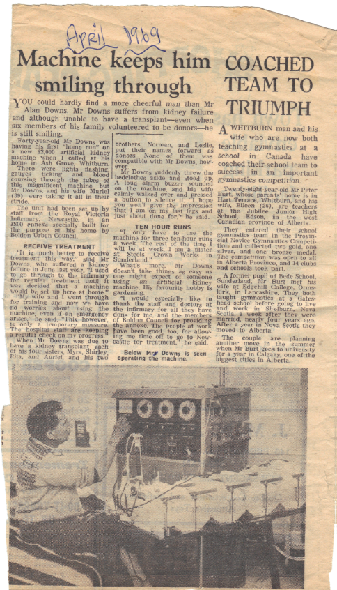 Newspaper article of patient having home haemodialysis in 1969