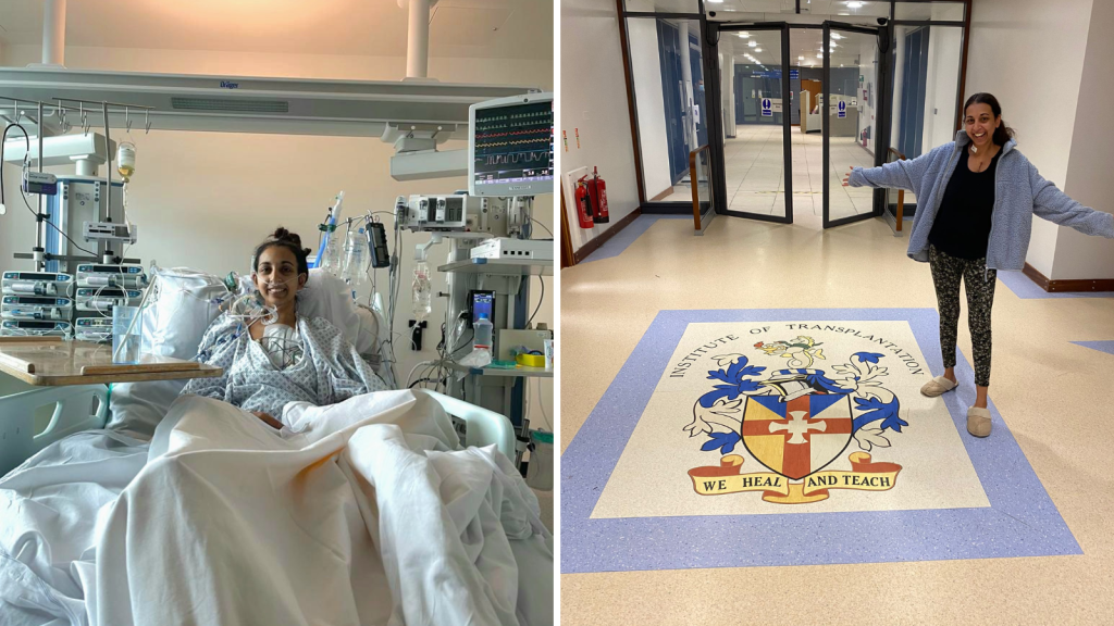 On the left is a photo of Sanjana Kocchar in a hospital bed at the Freeman Hospital. On the left is Sanjana leaving the Institute of Transplantation at the Freeman Hospital.