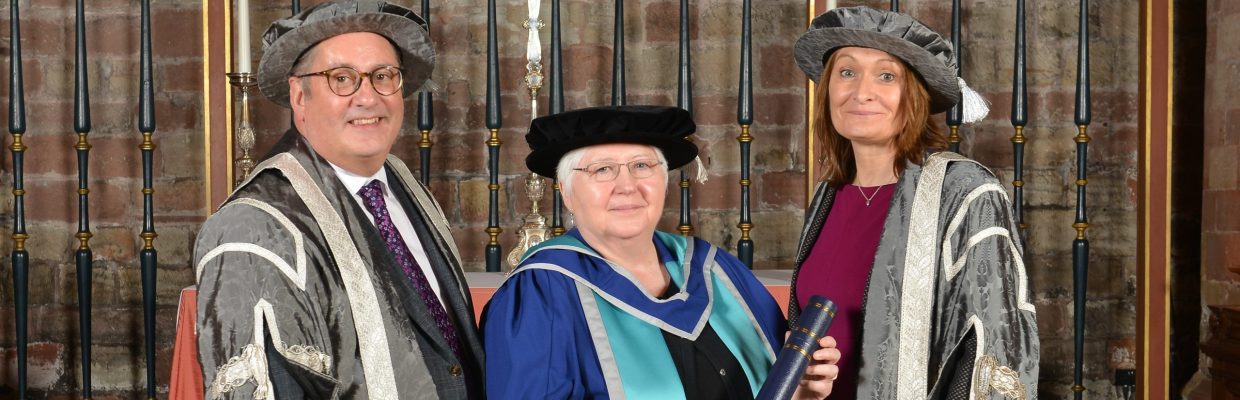 Professor Kath McCourt with University of Cumbria Deputy Vice Chancellor (Health, Environment and Innovation) Professor Brian Webster-Henderson and our Vice Chancellor Professor Julie Mennell