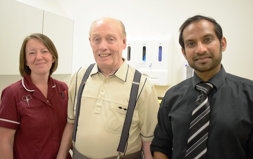 Patient Mr Leonard McCourt (centre) with Stroke research nurse Michelle Fawcett and Dr Anand Dixit