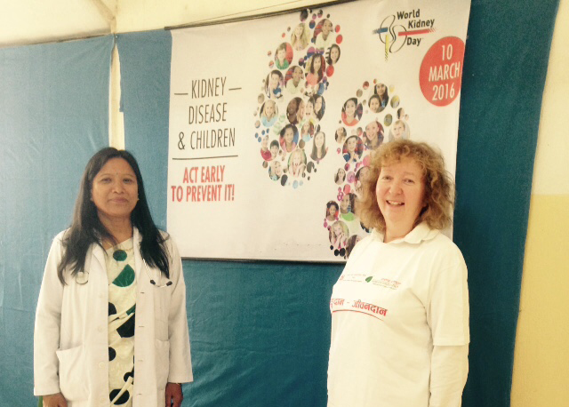 Dr Alison Brown (R) promoting World Kidney Day in Nepal in 2016
