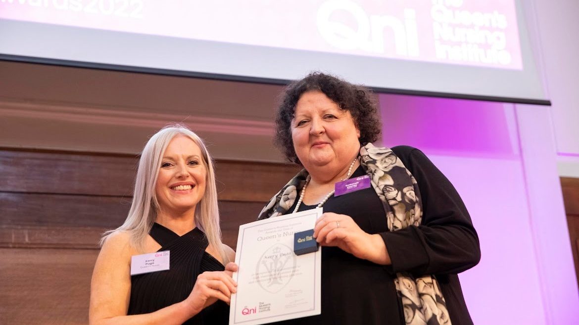 Deputy Matron for Newcastle's Community Services Kerry Puga was presented with her award by Professor Deborah Sturdy OBE, Chief Nurse for Adult Social Care and Fellow of the QNI and Royal College of Nursing.