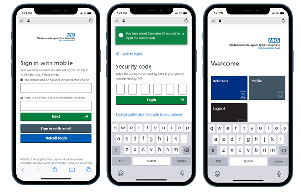 Screenshots of iPhone displaying how the Patient Hub appears for patients on a waiting list