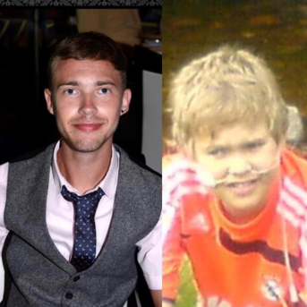 A picture that is split into two frames. On the left hand side, Ryan as an adult, wearing a white shirt, grey waist coat and blue patterned tie. On the right side, a picture of Ryan as a child, wearing a red sports t-shirt with a feeding tube.