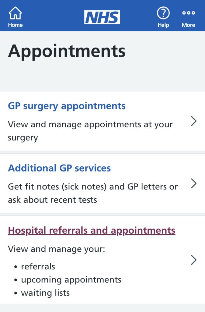 Screenshot of the Appointments section of the NHS App