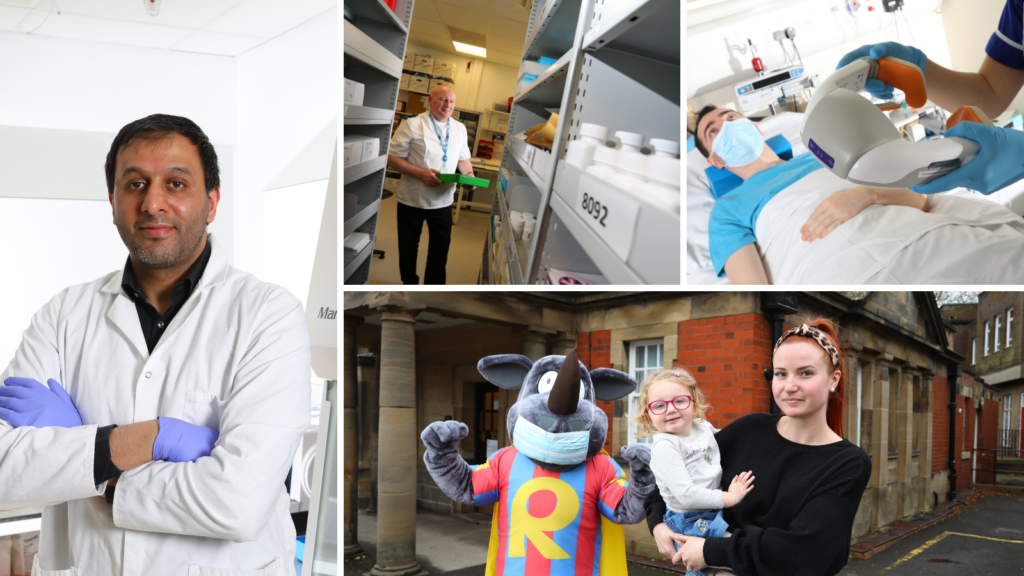 Left: a member of staff in a laboratory Top left: a member of staff in a pharmacy with a medication tray Top right: a virtual reality headset and patient in hospital bed Bottom: a mother and her child stood with the research rhino mascot