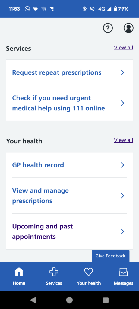 Screenshot of the NHS App, Your Health section which will display hospital appointments