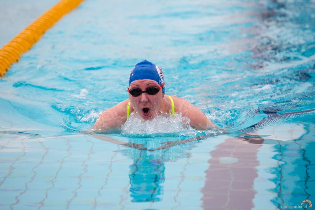 Clinical nurse specialist Mel Hall in action at the first European Ice Swimming Championships in Romania February 2024