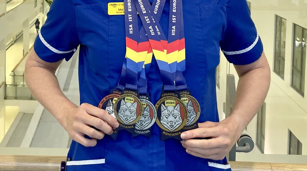 Mel Hall with her European Ice Swimming Championships Medals
