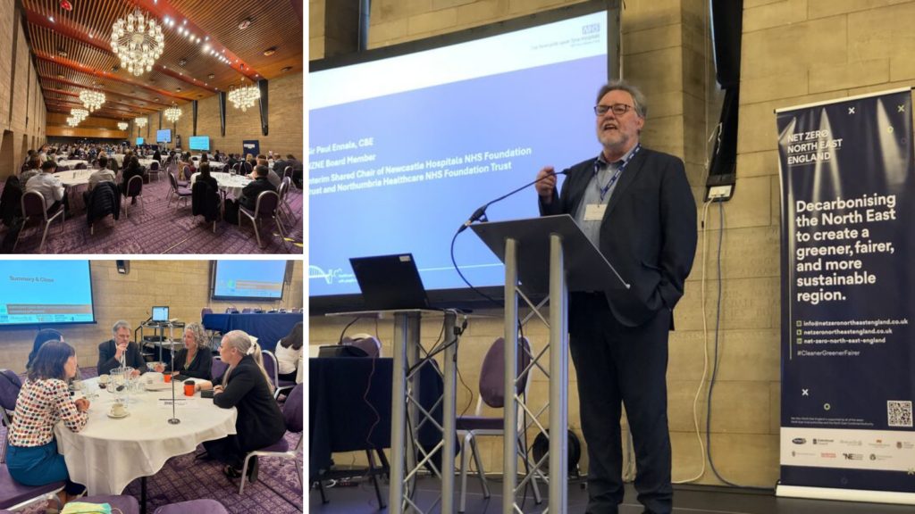 Sir Paul Ennals is on stage at the sustainable suppliers' event. On the left, two images show the banqueting hall and people sat around a table