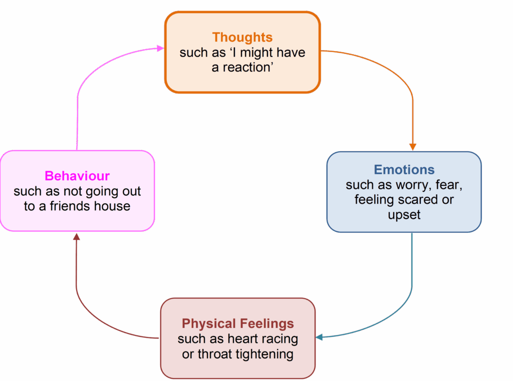 Thoughts: such as "I might have a reaction."
Emotions: such as worry, fear, feeling scared or upset.
Physical feelings: such as heart racing or throat tightening
Behaviour: Such as not going out to a friends house