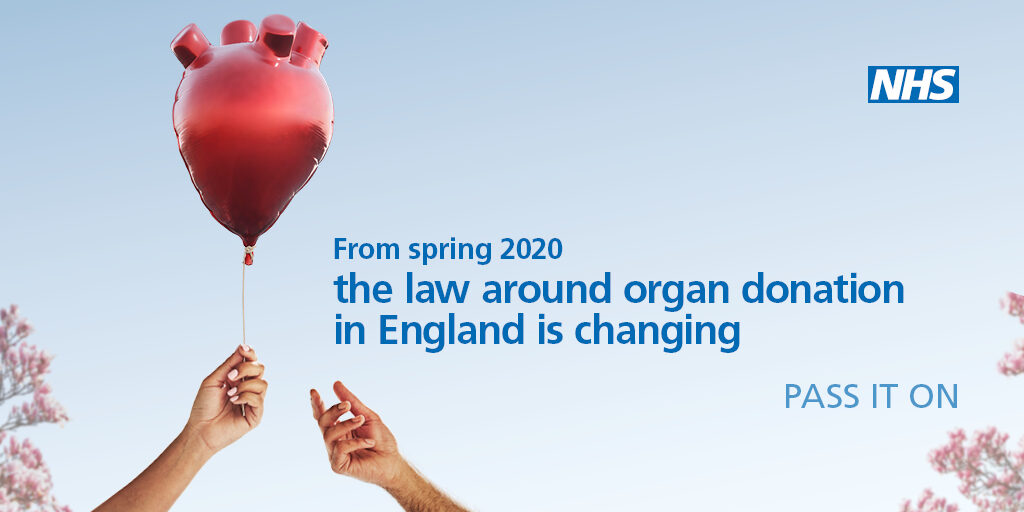 Post with a heart ballon on declaring that from Spring 2020 the law around organ donation is changing.
