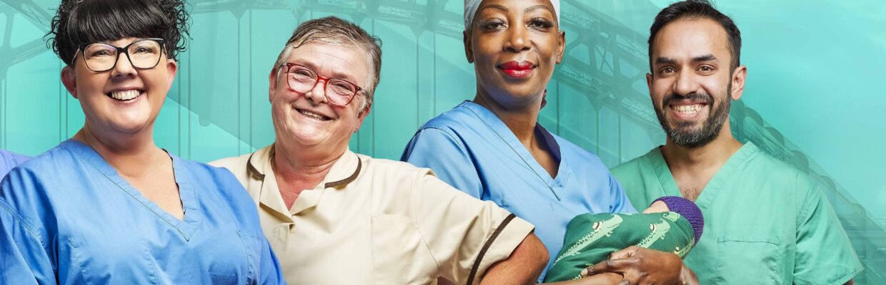 Lef to right: Staff imposed on a green background with Newcastle landmark on. There is surgeon Craig in green scrubs and a green iron vest, with arms crossed, Porter George wearing blue scrubs with hands together at front, Healthcare assistant Lisa wearing blue scrubs holding a teddy in green scrubs, Housekeeper Pauline in a pale yellow tunic and brown trousers with hand on hips, Midwife Titi wearing blue scrubs holding a baby wrapped up in a green blanket and purple hat and surgeon Akbar in green scrubs.