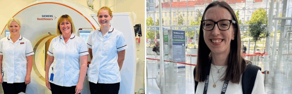 On the left is a photo of three medical staff in front of a scanner and on the right is a woman holding a certificate award