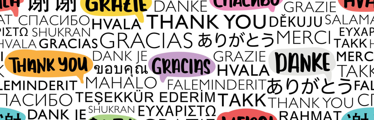 Thank you in different languages repeating texture background.