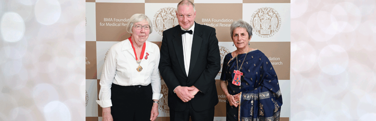 Professor Deehan is pictured with Dame Averil Mansfield (on the left) and Professor Parveen Kumar (right)