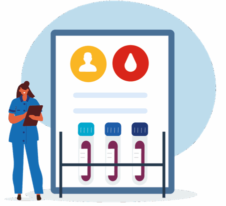 Picture of illustrated doctor with a clipboard and a graphic with example blood chart