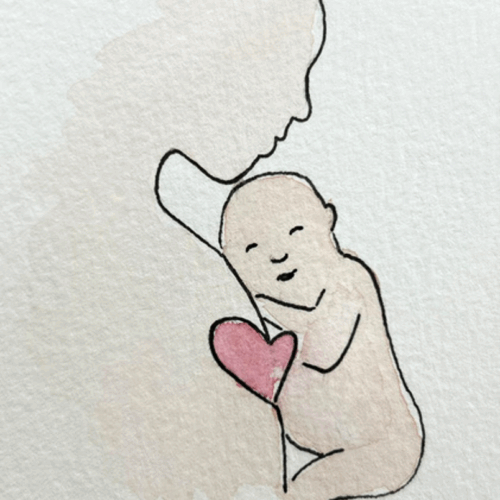 A drawing of a baby with its head on it's mothers chest