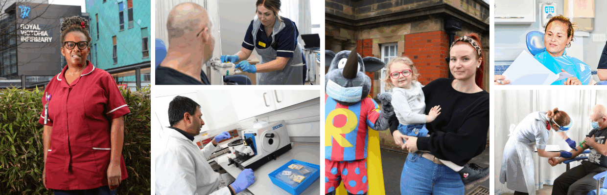 A collage of photos including a mother and daughter and hospital staff consulting their patients