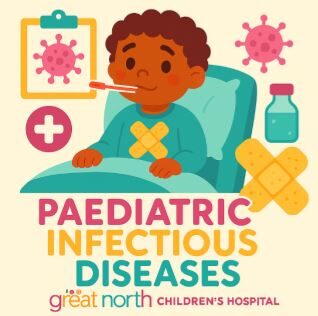 A graphic representing paediatric infectious diseases. In the graphic is a child with a thermometer in their mouth and a clipboard with a virus cell on.