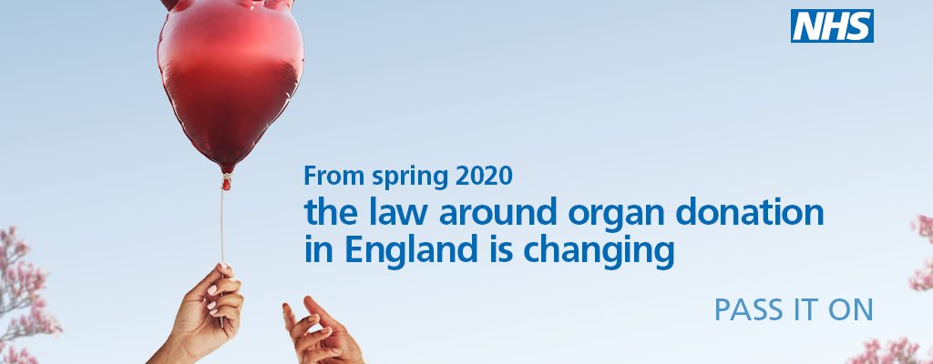 Post with a heart ballon on declaring that from Spring 2020 the law around organ donation is changing.