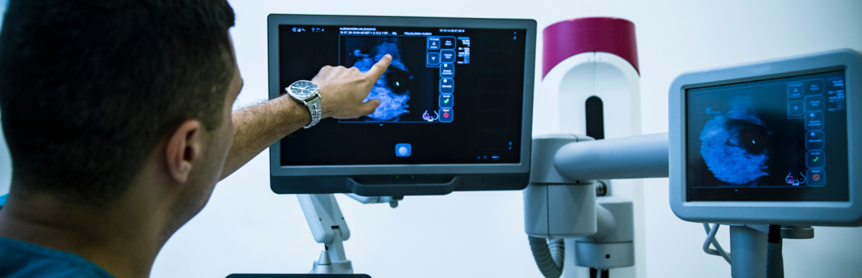 Picture of consultant looking at mammogram on a screen