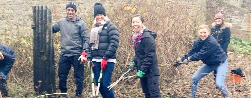 Picture of group of 5 people with gardening equipment cutting down branches. One person is holding a piece of corrugated metal