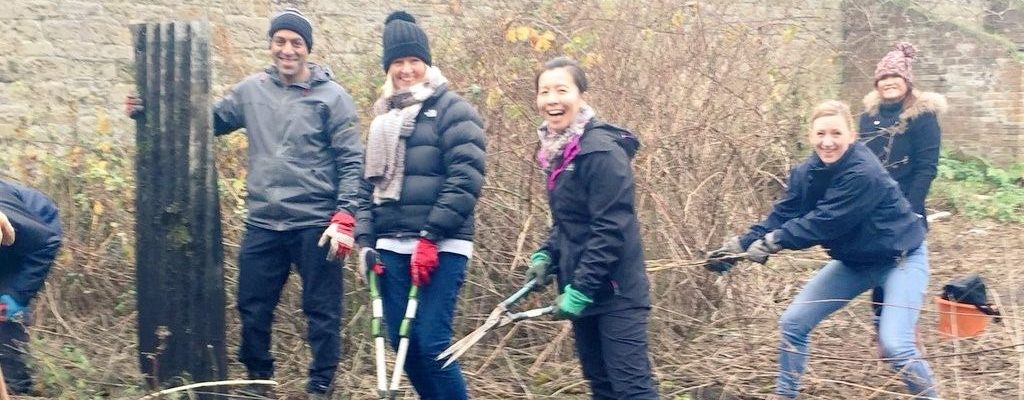 Picture of group of 5 people with gardening equipment cutting down branches. One person is holding a piece of corrugated metal