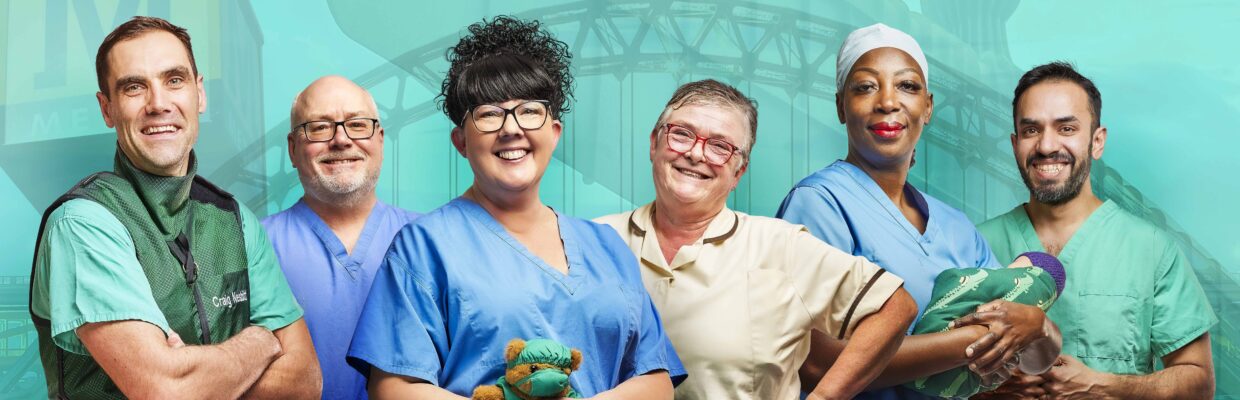 Lef to right: Staff imposed on a green background with Newcastle landmark on. There is surgeon Craig in green scrubs and a green iron vest, with arms crossed, Porter George wearing blue scrubs with hands together at front, Healthcare assistant Lisa wearing blue scrubs holding a teddy in green scrubs, Housekeeper Pauline in a pale yellow tunic and brown trousers with hand on hips, Midwife Titi wearing blue scrubs holding a baby wrapped up in a green blanket and purple hat and surgeon Akbar in green scrubs.