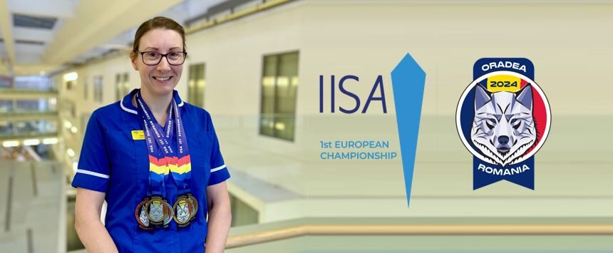 Clinical Nurse Specialist Mel Hall with her winning European Championship Ice Swimming Medals