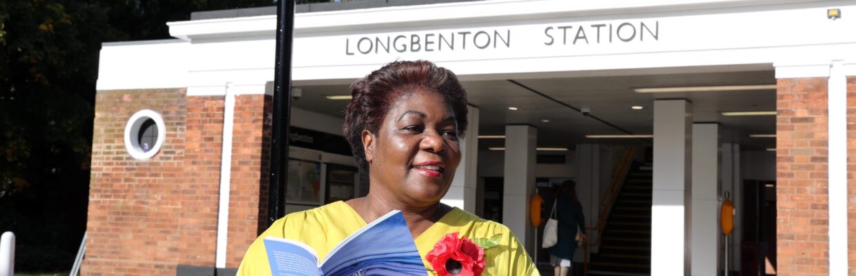 Dated: 03/10/2024
Longbenton Metro station hosts a poetry exhibition on its metro platform with poster boards featuring poetry from NHS occupational therapist and poet Odeth Richardson (yellow top). The new works are a result of the first Newcastle Hospitals Charity writer-in-residence programme for Newcastle Hospitals staff, hosted in partnership with writing development agency for the North of England, New Writing North.