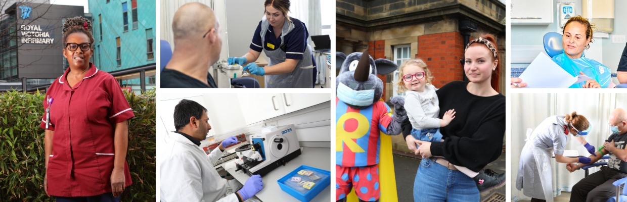 A collage of photos including a mother and daughter and hospital staff consulting their patients