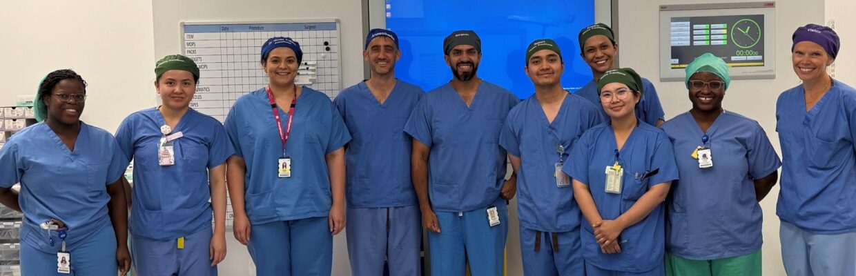 Dr Rhys Thomas, consultant neurologist (pictured) and Mr Mohammed Akbar Hussain (fifth left below), alongside the wider surgical team at the Freeman Hospital’s day treatment centre.