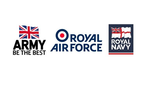 Logos for the British Army Royal Air Force and Royal Navy