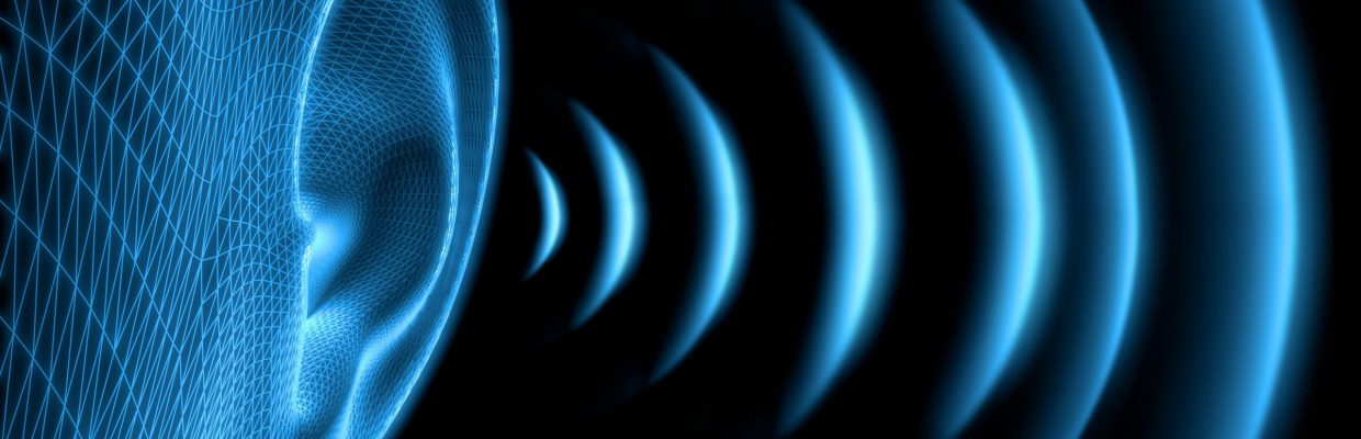 3D graphic image of soundwaves next to an ear
